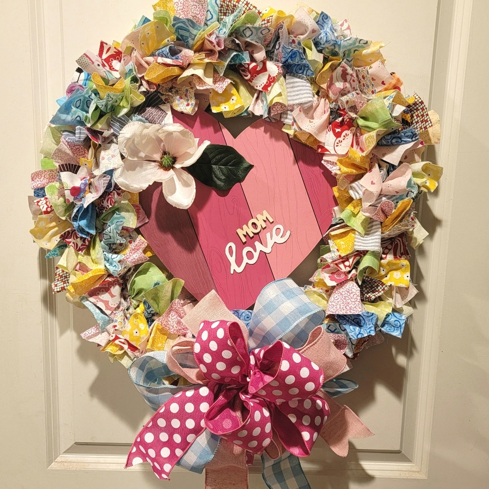 Rag Wreath Mom Love Bow Farmhouse Cottage Birthday